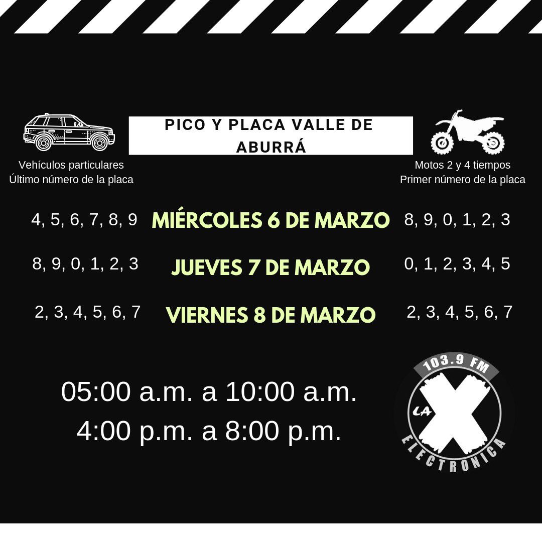 Así regirá la medida del Pico y Placa para vehículos particulares y Motos 2 y 4 tiempos durante los próximos 3 días. #Atención