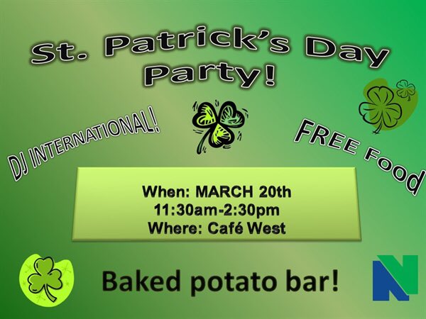 Come join the SGA at our St. Patty’s Day Party on March 20th! There will be free food and goodies, so if you have time stop by!