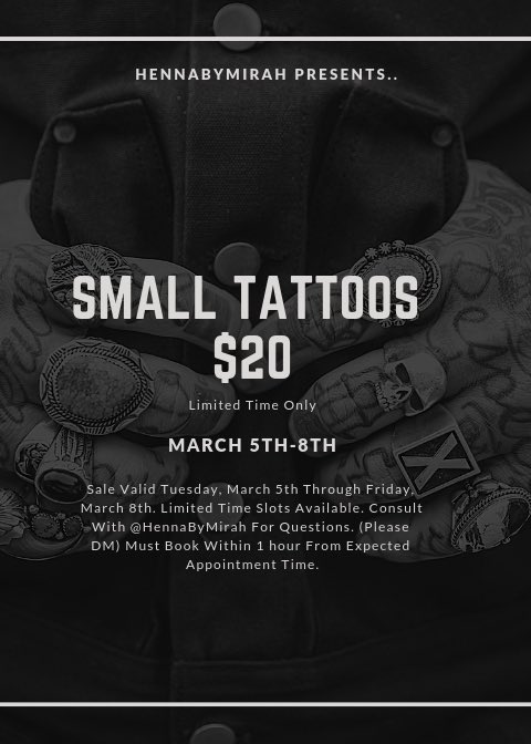 HNINK_Tattoos's tweet photo. Before Everyone Heads Off For Spring Break☀️, Go Into It Right With A Fresh Tat💉
March 5th-8th Small Tattoos Will Be ONLY $20 🤭
Take Advantage While You Can‼️
Please DM @hennabymirah for any questions 🙌🏾✨
#LimitedTimeOnly #HennaByMirah #CheapTattoos
#nccu #durham #smalltattoos https://t.co/NtwldNIA03