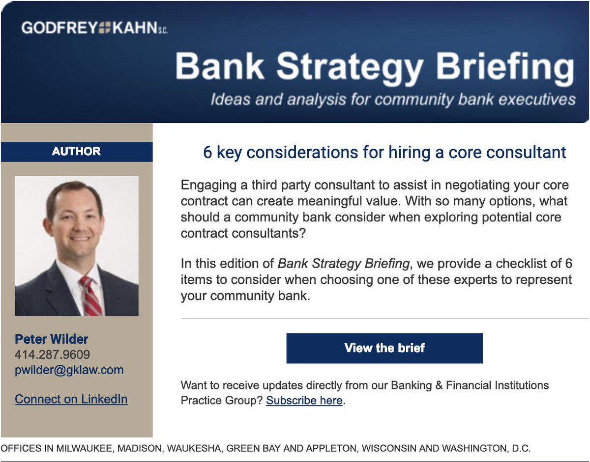 Paladinfs's tweet image. Godfrey &amp;amp; Kahn S.C.: Bank Strategy Briefing: 6 key considerations for hiring a core consultant by @GodfreyKahn #CommunityBanks #CoreIT # bit.ly/2EGtrBM