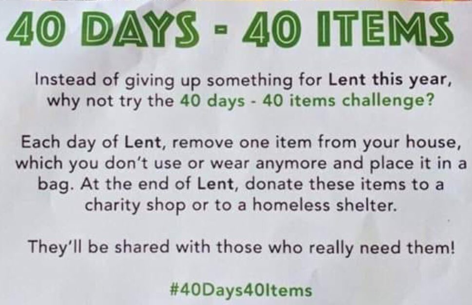 On the eve of lent I’m thinking about what to give up for #Lent2019 and like this idea the most, giving up something each day and donating to charity at the end of lent #40days40items challenge