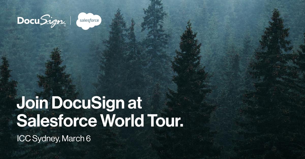 DocusignAPAC's tweet photo. Save time, money and the environment! Drop by our booth today to see how the new products we’re launching can help your agreement process - and the planet. https://t.co/wlMiun9Ukr #SalesforceTour #LifeWithoutPaper #SalesforceWorldTour https://t.co/IulODXCLGr