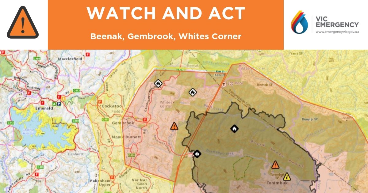 CFA_Updates's tweet photo. Watch & Act message is being issued for #Beenak, #Gembrook, #WhitesCorner.
https://t.co/NbplFtBDgb #vicfires https://t.co/1axPFYifFd