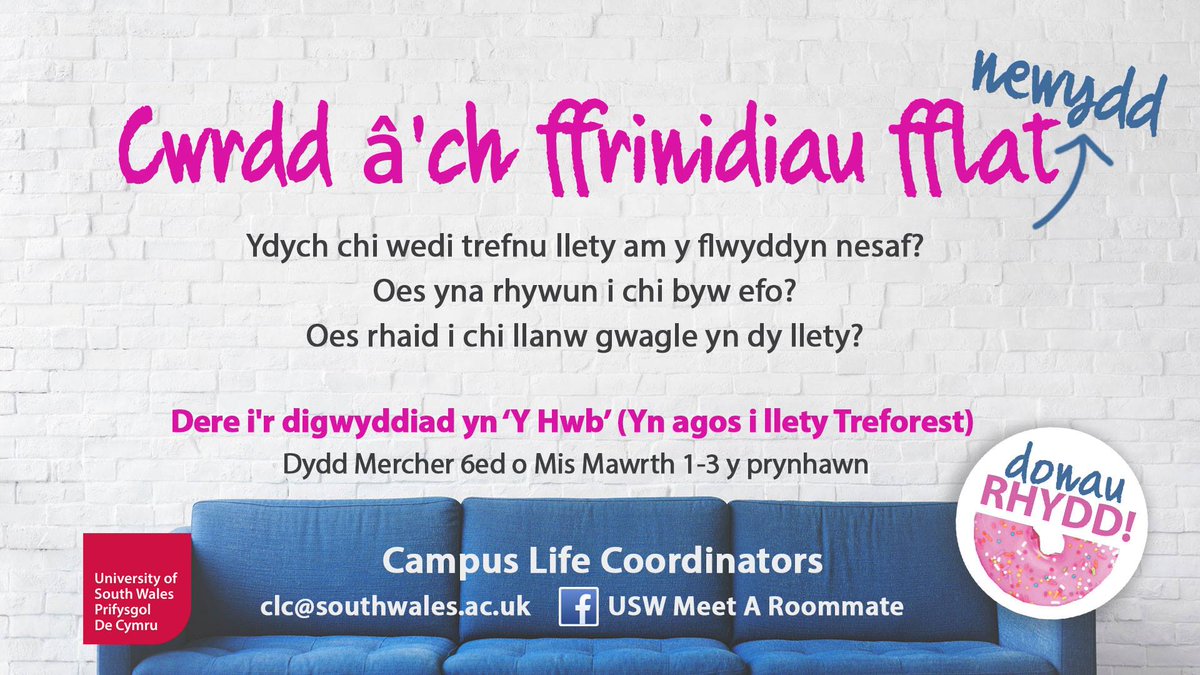 USWCampusLife's tweet photo. Ydych chi wedi trefnu llety am y flwyddyn nesaf?
Oes yna rhywun i chi byw efo?
Oes rhaid i chi llanw gwagle yn dy llety?

Dere i'r digwyddiad yn ‘Y Hwb’ (yn agos i llety Treforest)

Dydd Mercher 6ed o Mis Mawrth 1-3 y prynhawn

Donau Rhyydd! 🍩 https://t.co/8RzxDNwljx