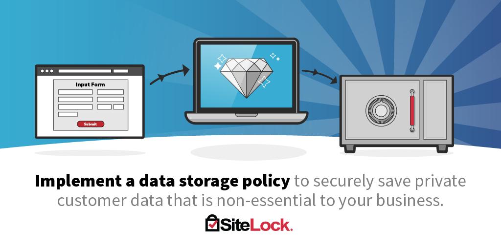 SiteLock's tweet photo. Ensure your customer’s information is protected by implementing a data storage policy. #SiteLockSecurityTips #cybersecurity  #cybersecuritytips  #SiteLock https://t.co/s7JdoN5FGA