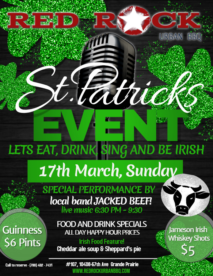RedRockUrbanBBQ's tweet photo. St. Patrick's Day Event
Come down &amp; celebrate with #RedRockUrbanBBQ.
Let's eat, drink, sing &amp; be Irish!

Live local music - #JackedBeef
6:30pm to 9:30pm

All day Happy Hour
IRISH Feature - Cheddar Ale soup &amp; Sheppard's pie 
Pints of Guinness - $6!
Jameson Irish Whiskey Shots - $5 https://t.co/1JgvoujxuK