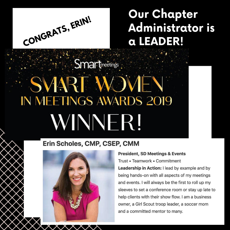 MPISanDiego's tweet photo. WOW! Check it out - our very own Erin Scholes ✨ @escholes ✨ is named a @SmartMeetings Smart Woman in Meetings Award Winner!! No surprise to us, of course -- she leads our chapter by example every day!!
#leadership #eventprofs #meetingprofs #SWS https://t.co/1nEsY1UTvK