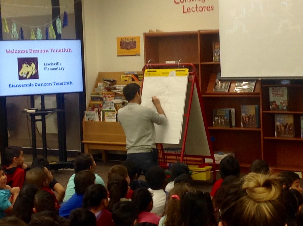 MrsSammon's tweet photo. The students LOVED hearing author Duncan Tonatiuh read and talk to them today. What an amazing experience to walk in the mind of an author/illustrator! #theponyway @ValdesNativ @MarcineSimpson @readingponies @LewisvilleES https://t.co/DGsIfQWl1z