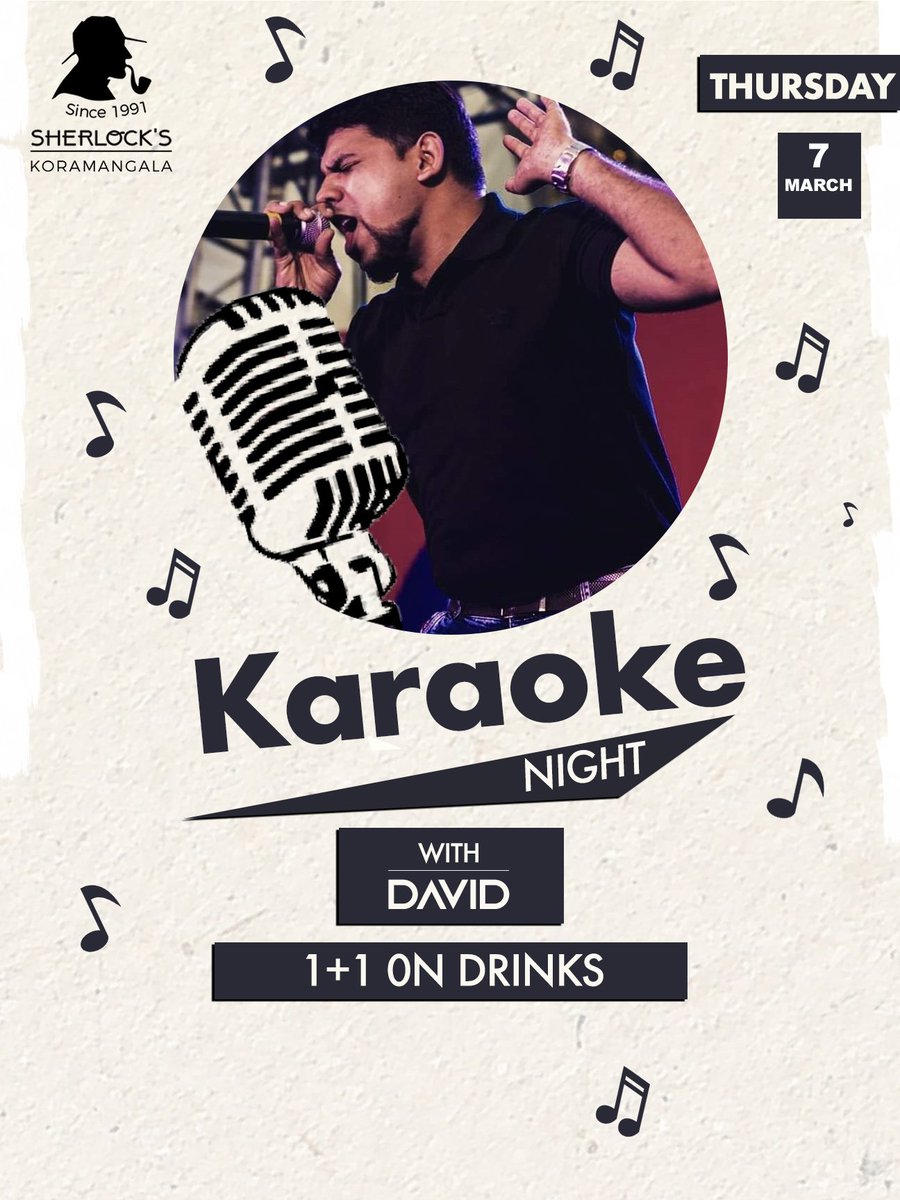 sherlockspubKRM's tweet photo. Bringing back the Karaoke Star David on this Thursday Night at #sherlockspubkoramangala
#KaraokeNight on March 7th, 8pm onwards!
Call Now: 088803 00600 https://t.co/hMNJPYBcv9