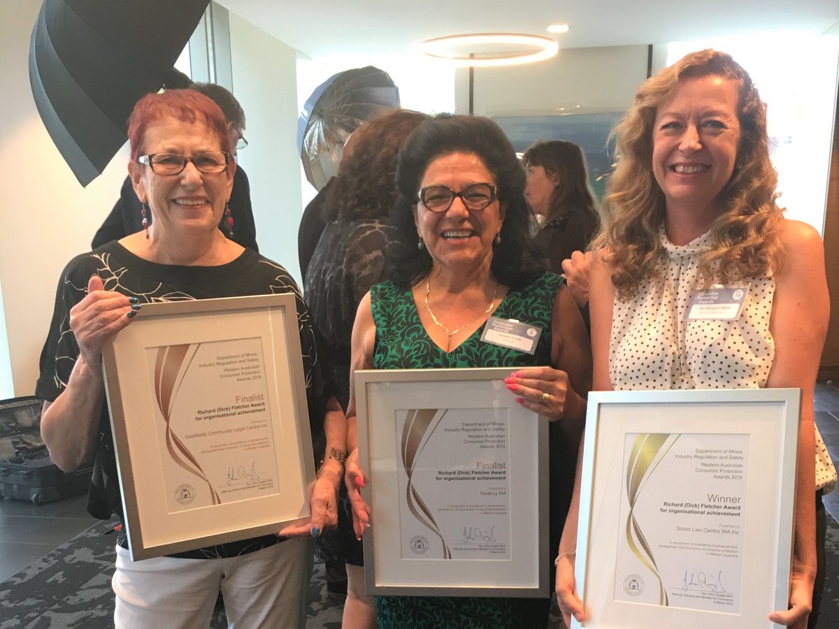 CLCAWA's tweet photo. Fantastic to see 3 Community Legal Centres acknowledged for their advocacy work at the Consumer Protection Awards 2019 #cpawards2019. 
Goldfields Community Legal Centre and @TenancyWA were finalists with @StreetLawWA  winning the Richard (Dick) Fletcher Award. Congratulations! https://t.co/Wo7GFROtLL