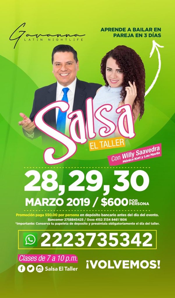 salsaeltaller's tweet photo. Estamos muy contentos de anunciarles que en poco tiempo estaremos juntos. 😍
SALSA EL TALLER 
#Marzo2019 
28,29y30
En el mejor espacio de #Salsa en #Puebla 
Aprende a bailar en pareja en tan solo 3 días. 
Intensivo y efectivo 
AHORA EN #GAVANNA
*Promoción paga 550.00 por depósito https://t.co/hi4QuXLAJB