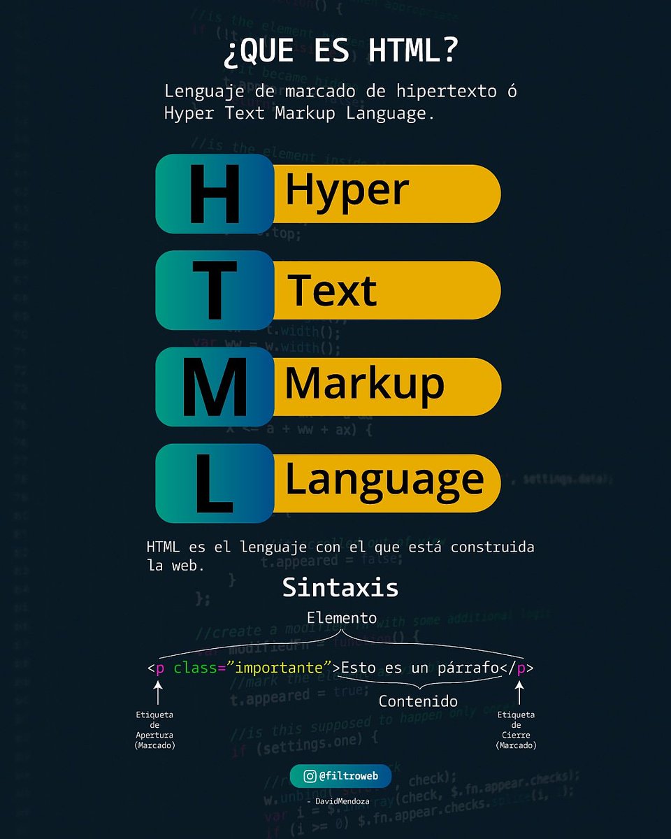marketianodgt's tweet photo. #HTML #filtroweb #code HTML es el lenguaje con el que está construida la web. #javascript #css #tecnologíasweb #coder #coding #webdev #webdedigner #developer #js #jquery https://t.co/kCOMgylmOZ