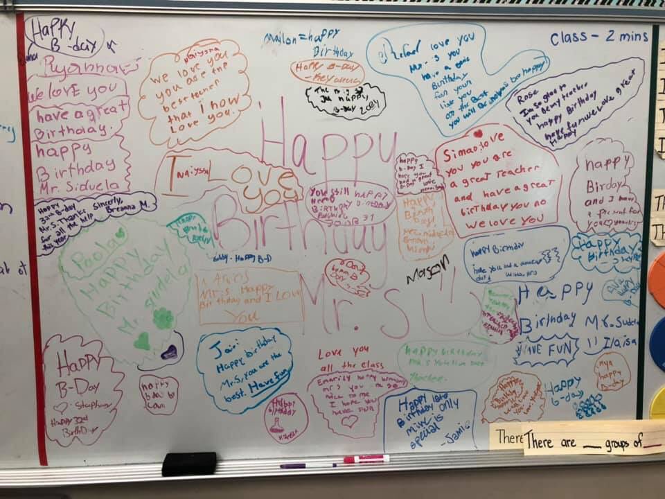 NickSiudela's tweet photo. #teacherlife love my students @frps_Letourneau ! I was out today for the #PLTW conference, and my amazing substitute had them write messages for my birthday. Thanks! #kidsthesedays #STEM https://t.co/Gb9sYJKNaK