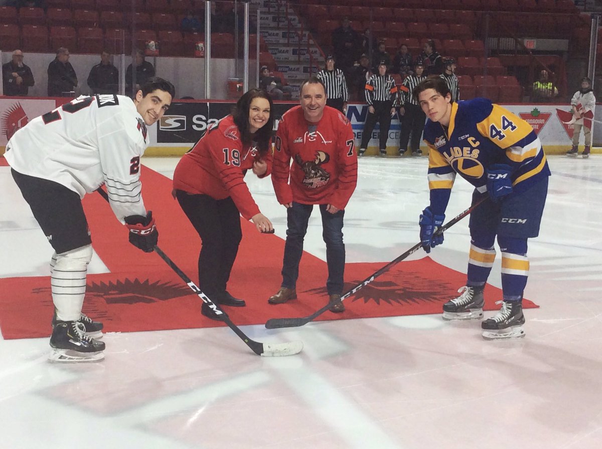 MJWARRIORS's tweet photo. Stor-Elvdal Deputy Mayor Linda Henriksen drops the puck after taking part in the #moosesummit this week in #citymj @CityofMooseJaw #mjwarriors #thewhl #MJvsSAS @FraserTolmie https://t.co/hW5RFoLJko