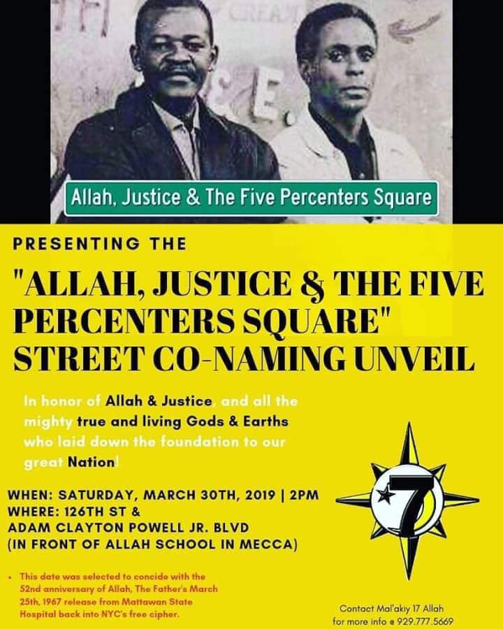 QueenDivinity's tweet photo. Sat Mar 30th join Allah’s Five Percenters for the unveiling of our street name!!!
#Epic #WeDidIt #AllahIsGod #StreetName #Peace https://t.co/z92LUWei9z