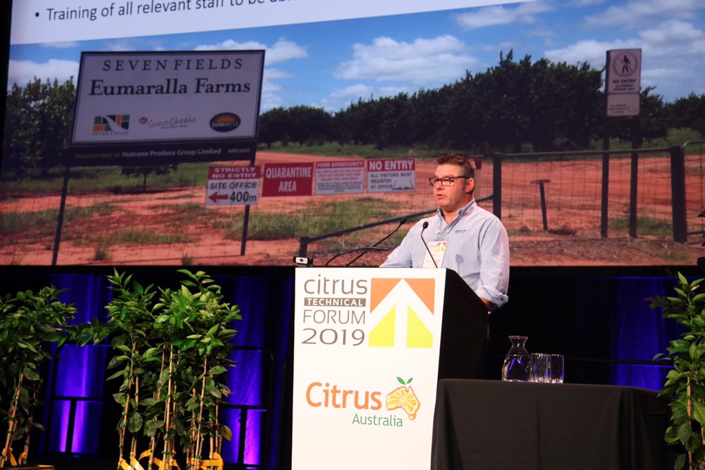 CitrusAustralia's tweet photo. Josh Clementson, Nutrano, outlines processes adopted to protect NT farm from canker. Important to know how it spreads to formulate strategy. Believes all suppliers in Australia should be accredited. All staff/visitors must adhere to biosecurity & hygiene practices. #CitrusTech19 https://t.co/nYRStMI4XU