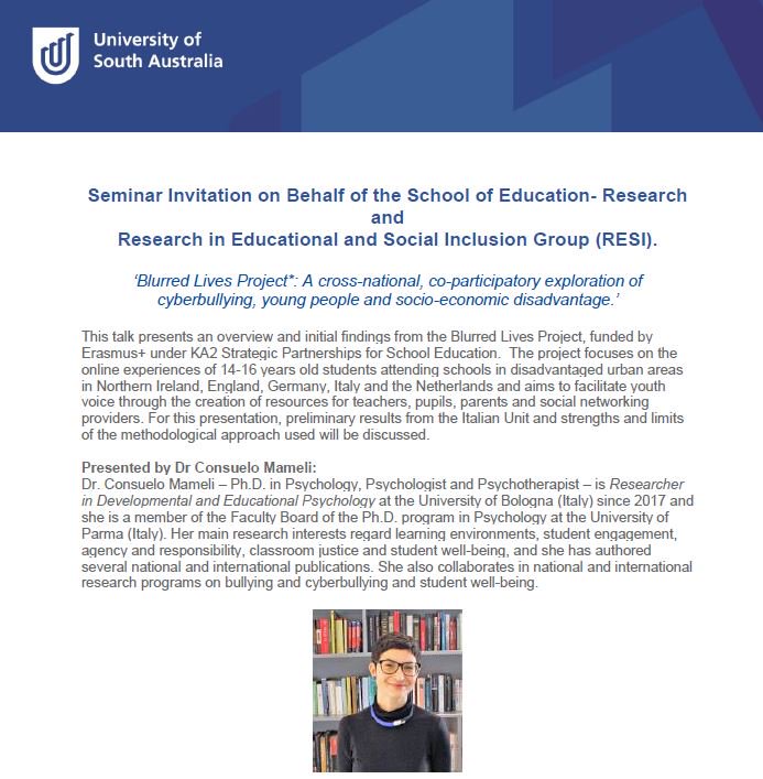 Educate (@unisaeducation) on Twitter photo Seminar! Blurred Lives Project*: A cross-national, co-participatory exploration of cyberbullying, young people and socio-economic disadvantage by Dr. Consuelo Mameli and Assoc Prof Barbara Spears, School of Education, Register here! unisa.edu.au/Education-Arts… <a href="/BarbaraASpears/">Barbara Spears</a> Seminar! Blurred Lives Project*: A cross-national, co-participatory exploration of cyberbullying, young people and socio-economic disadvantage by Dr. Consuelo Mameli and Assoc Prof Barbara Spears, School of Education, Register here! unisa.edu.au/Education-Arts… <a href="/BarbaraASpears/">Barbara Spears</a>