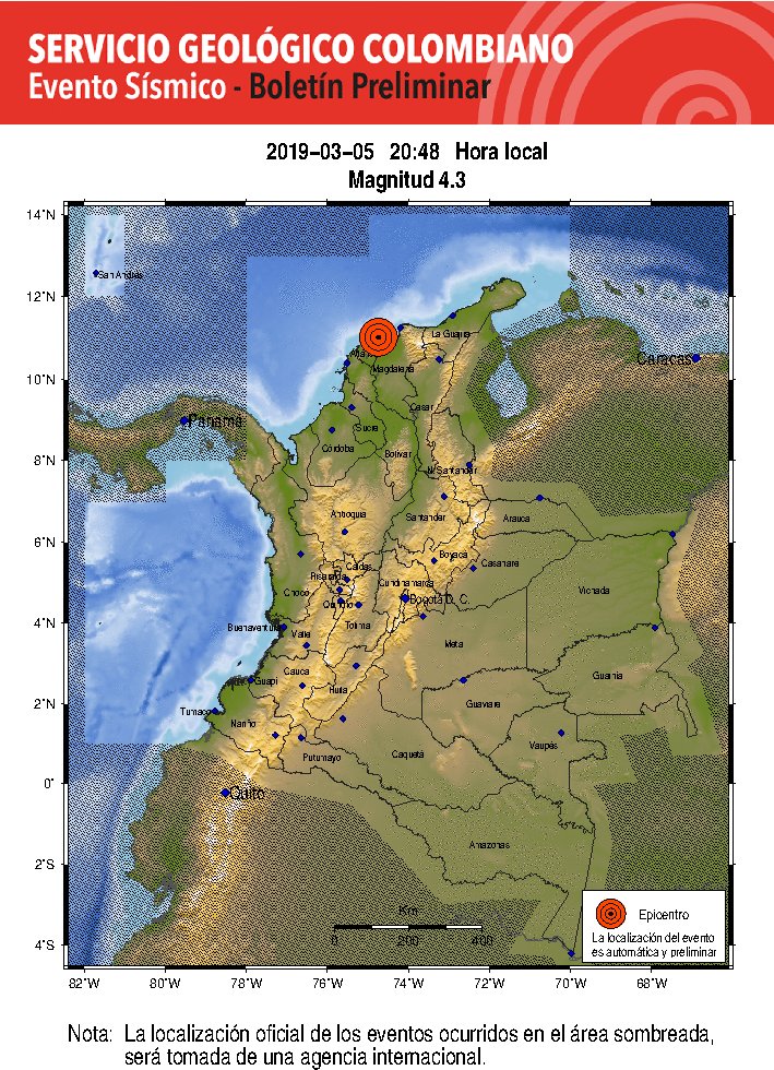 sgcol's tweet photo. #Reportamos Evento Sísmico - Boletín Preliminar, 2019-03-05, 20:48 hora local. Magnitud 4.3. #NoticiaEnDesarrollo #Temblor #Sismo Más información: https://t.co/0uuw47gI8w https://t.co/WWxA73hK1N