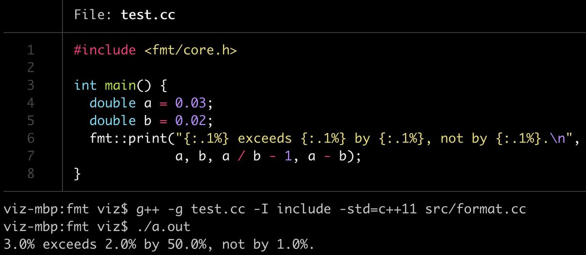 vzverovich's tweet photo. Thanks to Gawain Bolton, the {fmt} library now supports the % format  specifier for printing percentages as in Python's str.format. https://t.co/cFIV7GQLXU #cpp #fmtlib #formatting https://t.co/7VqllbRmWA
