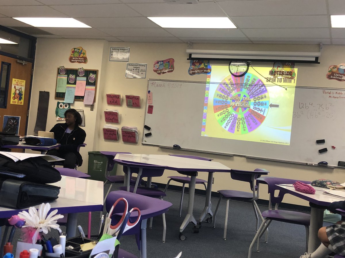 TrimbleLesley's tweet photo. Reviewing factoring-“wheel of fortune” style. @RobinsonTeach @OakridgeMS1 https://t.co/a1tQmBWld9
