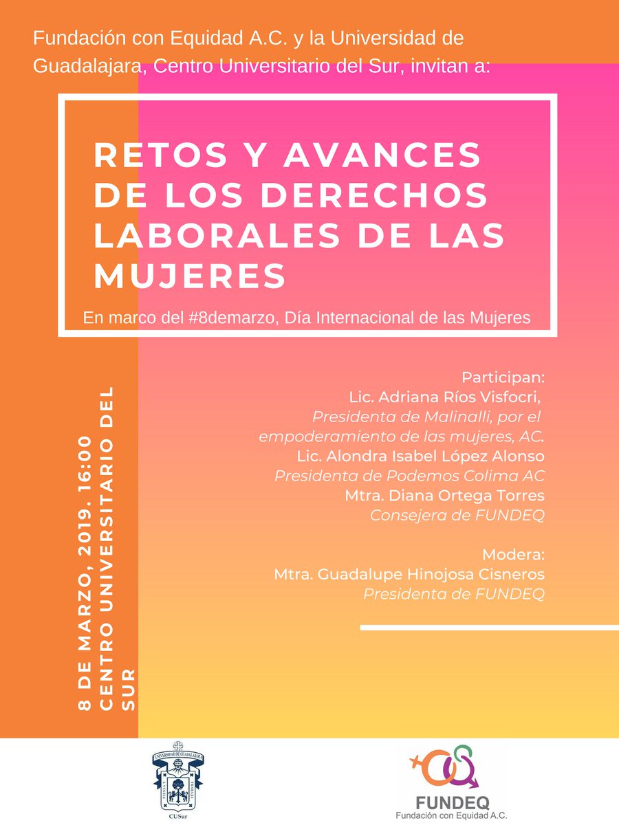 soydot's tweet photo. Si andan por el @cucsur les esperamos en este conversatorio sobre los derechos laborales de las mujeres en marco del #8M. Ahí va a estar su servilleta poniendo su granito de arena en la conversación. Cáiganle.
--
#CUCSUR #CIUDADGUZMÁN https://t.co/3woAtnFCdu