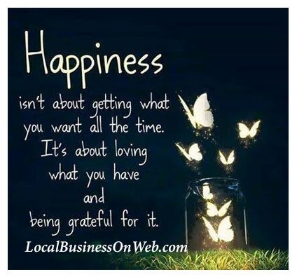 Happiness isn't about getting what you want all the time. It's about loving what you have and being grateful for it.