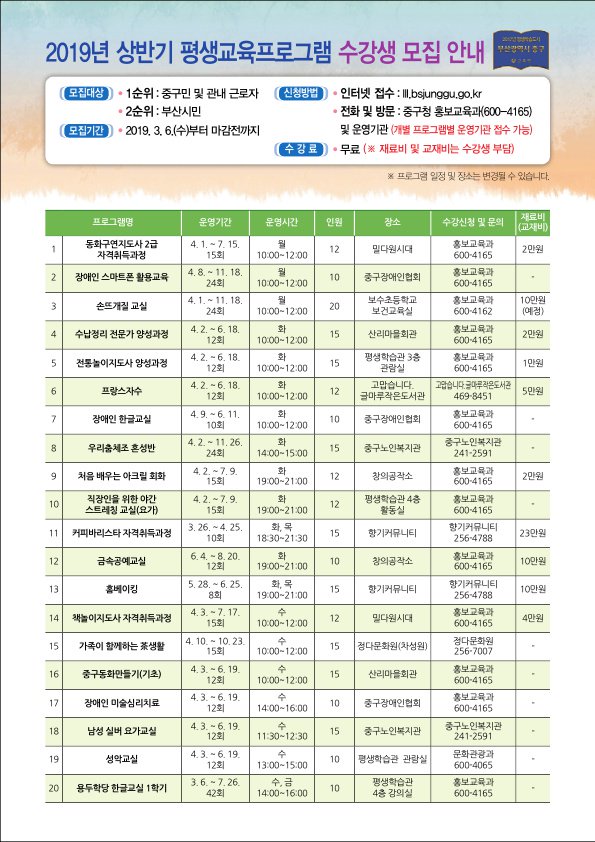 Bsjunggu's tweet image. 2019년 상반기 중구 평생교육 프로그램 수강생 모집
★모집기간 : 프로그램별 개강전까지 선착순 마감
★수강료 : 무료(단 교재비 및 재료비는 학습자 부담)
※ 자세한 내용은 중구 평생학습센터 홈페이지 및 중구 홍보교육과로 문의
#부산중구 #평생교육 #평생교육프로그램 #수강생모집 #평생학습센터