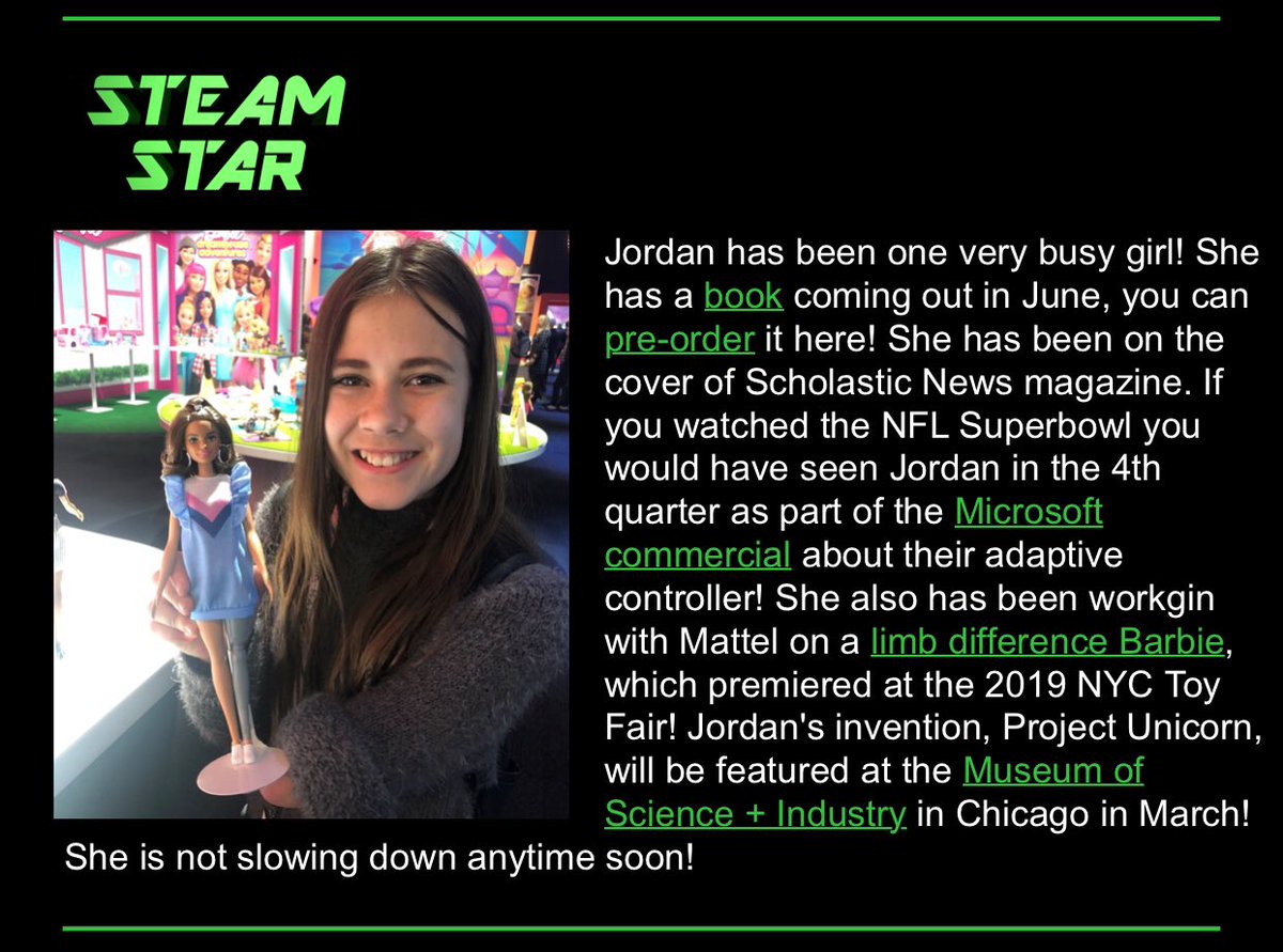 TheSTEAM_Squad's tweet photo. With the #STEM4All chat wrapping up there is one more update feo@ the Squad!! Our highlighted member, STEAM Star, is @jordanjustright !! From writing a book to working with @Barbie on a limb difference doll she is definitely flying high! Head to our web site to read more! https://t.co/6g8pQbl39m