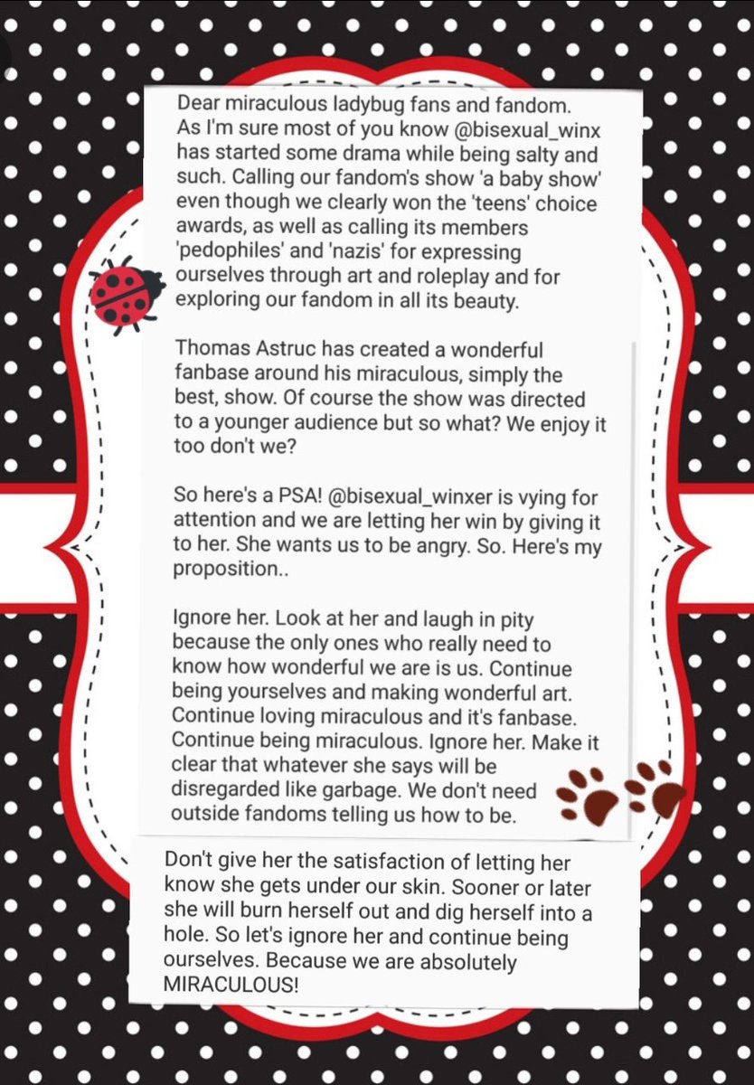 I would please ask @CatNoirA <a href="/KittysBugaboo/">❤️bugaboo🖤</a> <a href="/PettitteMari/">Mini Marinette</a> <a href="/cuteladybug2/">Cute Ladybug</a> and any other miraculous account to read this and  spread it if they can.

BE POSITIVE!!! WE ARE STRONGER UNITED!! 

(sorry if this bothers any of the accounts I @'ed 😳)