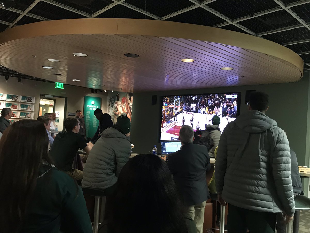 MikeDeFabo's tweet photo. The MSU basketball team watches from the locker room as Minnesota upsets Purdue. 

That’s the help the Spartans needed. A share of the Big Ten title will be on the line when MSU and UM meet on Saturday. https://t.co/TgzLQXAF2o