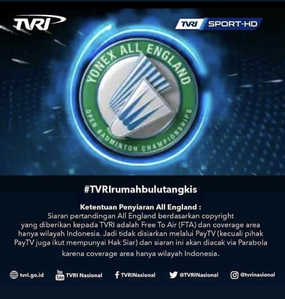 Siaran Langsung All England 2019 TVRI Sport HD Diacak via Parabola, Penjelasan Pihak TVRI