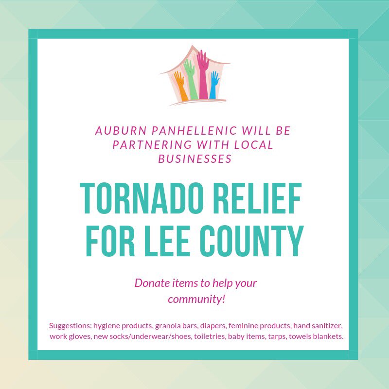 We are collecting donations for those affected by the tornadoes in Lee County. Let’s come together and help our community! 💛
#aupanhellenic