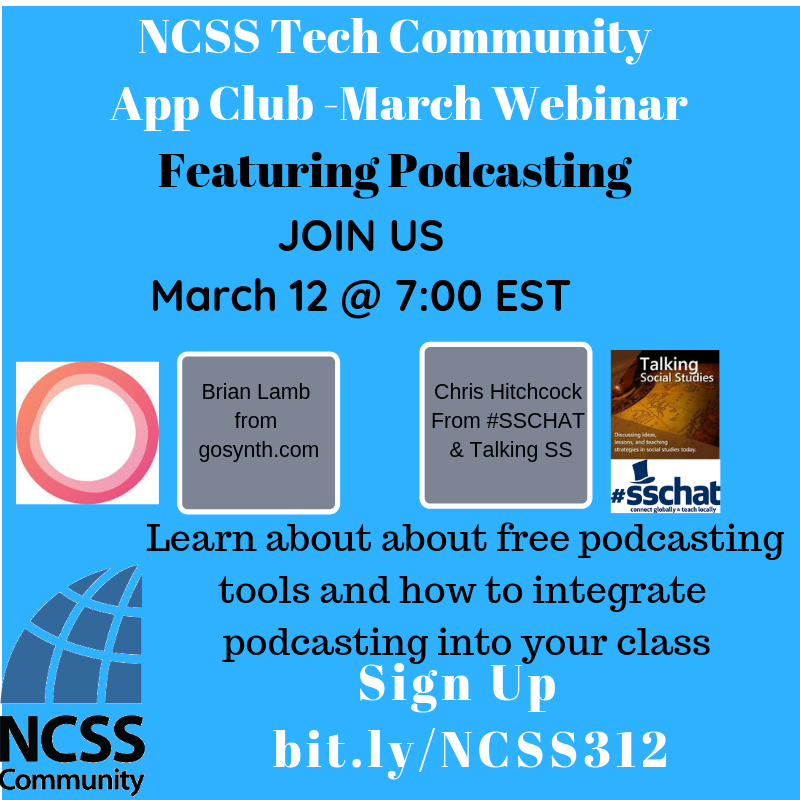 TechNCSS's tweet photo. Find a better webinar next Tuesday at 7PM EST that will teach you how to produce podcasts with your students like total pros. We dare you. 

https://t.co/tov5GZZpte

#teachersAREpros
@NCSSNetwork 
@CHitch94 @gosynth 
@TalkinSS @MHMSFinney 
#sschat https://t.co/4WbktYydjA