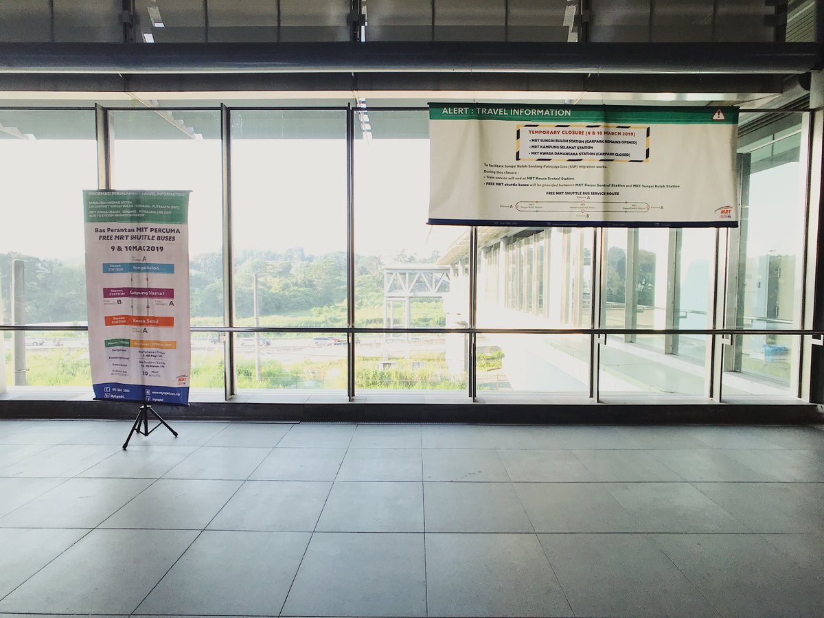 MRTMalaysia's tweet photo. ⚠️ TEMPORARY CLOSURE OF 3 #SBKLINE STATIONS 9-10/3/19 FOR #SSPLINE MIGRATION WORKS

📌SG BULOH (CAR PARK REMAINS OPENED)
📌KG SELAMAT
📌KWASA DSARA (CAR PARK CLOSED)

🚇 Train will end at Kwasa Sentral
🚌 FREE MRT shuttle bus services between Kwasa Sentral-Sg Buloh https://t.co/pafLgjkWQl