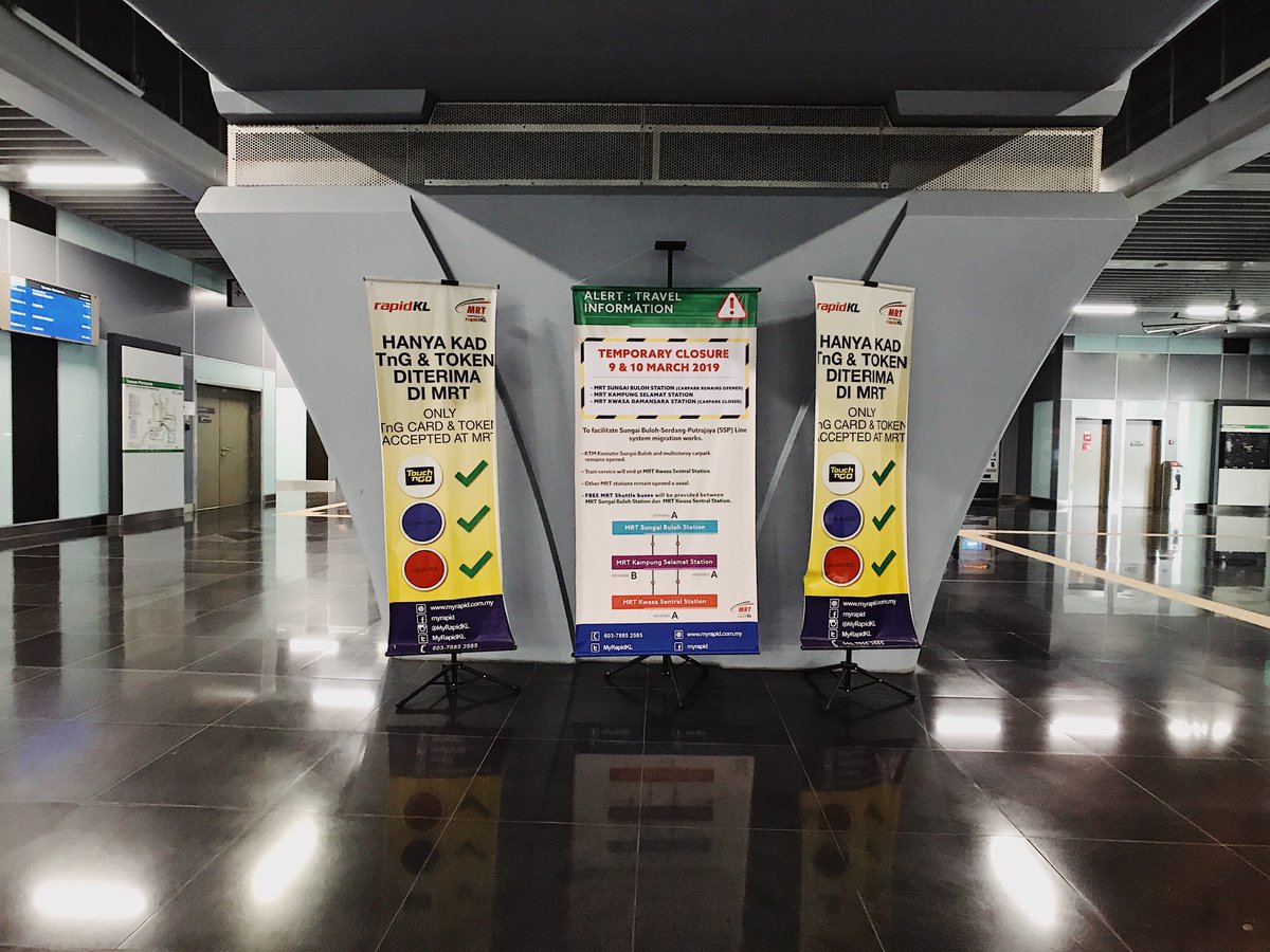 MRTMalaysia's tweet photo. ⚠️ PENUTUPAN SEMENTARA 3 STESEN #SBKLINE 9-10/3/19 UNTUK KERJA MIGRASI #SSPLINE

📌SG BULOH (TEMPAT LETAK KERETA MASIH DIBUKA)
📌KG SELAMAT
📌KWASA DSARA (TEMPAT LETAK KERETA DITUTUP)

🚇 Tren berakhir di Kwasa Sentral
🚌 PERCUMA bas ulang-alik antara Kwasa Sentral-Sg Buloh https://t.co/0DWGNoalRa