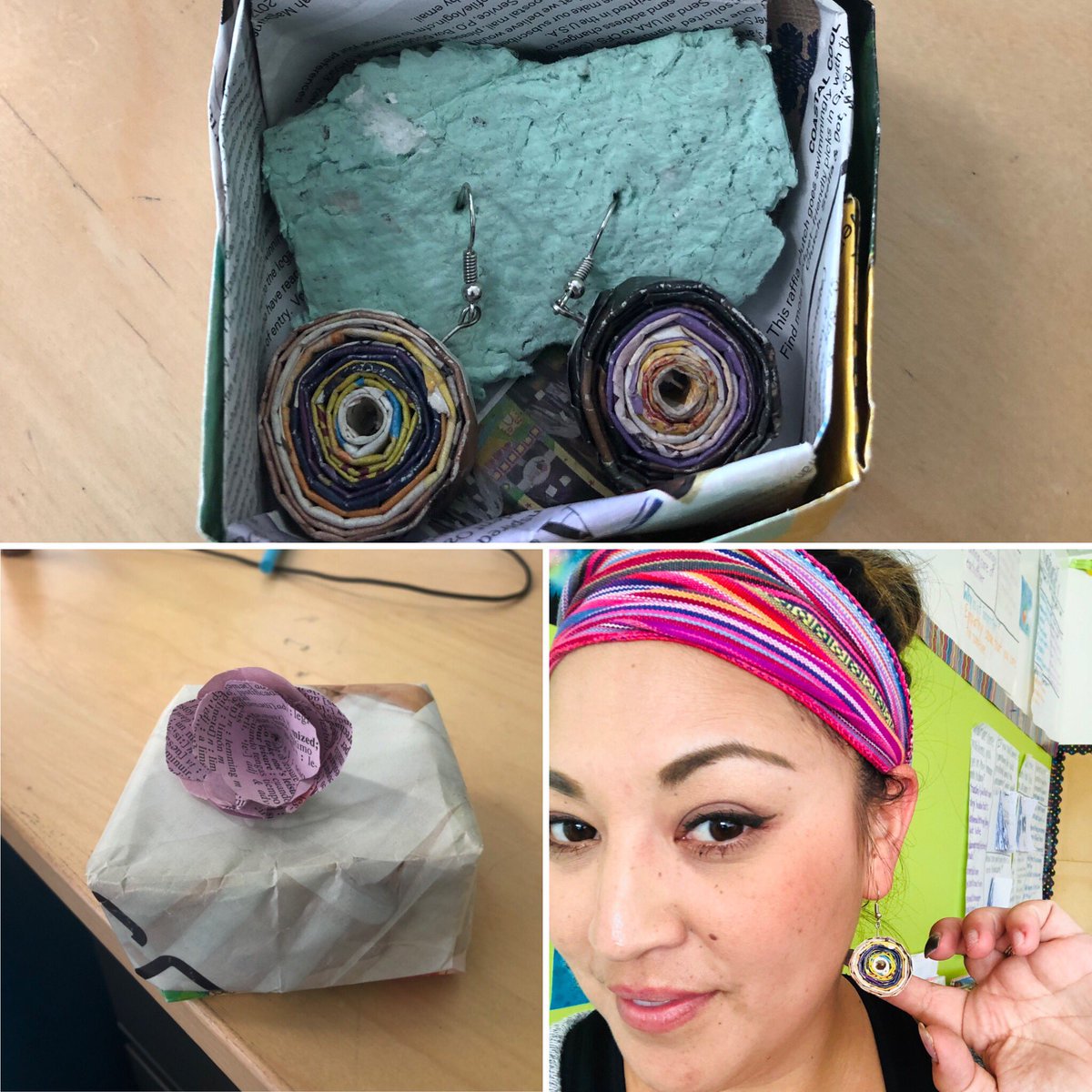 chinaarancibia's tweet photo. I love #PBL and teaching to my academic passions! Our student business @Global_Defendersโ is making an all recycled paper curation. Magazine earrings backed on homemade seed paper, magazine origami boxes, and topped with a dictionary flower! #HTeCV @earthguardianz @RWScholars https://t.co/EFR17y8Tks