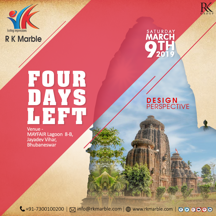 rkmarblegroup's tweet photo. 4 Days Left!
Design Perspective #Bhubaneswar 09 March 2019!
...
#RKMarble #DesignPerspective2019 #Countdown #DaysLeft #Marble #LastingImpressions #Constructions #HomeDecor #SaidExpo #Technology #Buildings #Home #House #Decor @SaidExpo https://t.co/YDzn9El30E