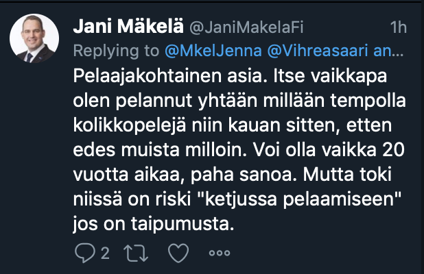 Veikkauksen hallintoneuvoston edustaja sekä kansanedustaja <a href="/JaniMakelaFI/">Jani Mäkelä</a> poisti alkuperäisen twiittinsä - sitä en tiedä oliko omasta aloitteestaan vai edustamansa organisaatinsa kehoituksesta. Tästä oli tottakai riidit. #veikkaus #munveikkaus
