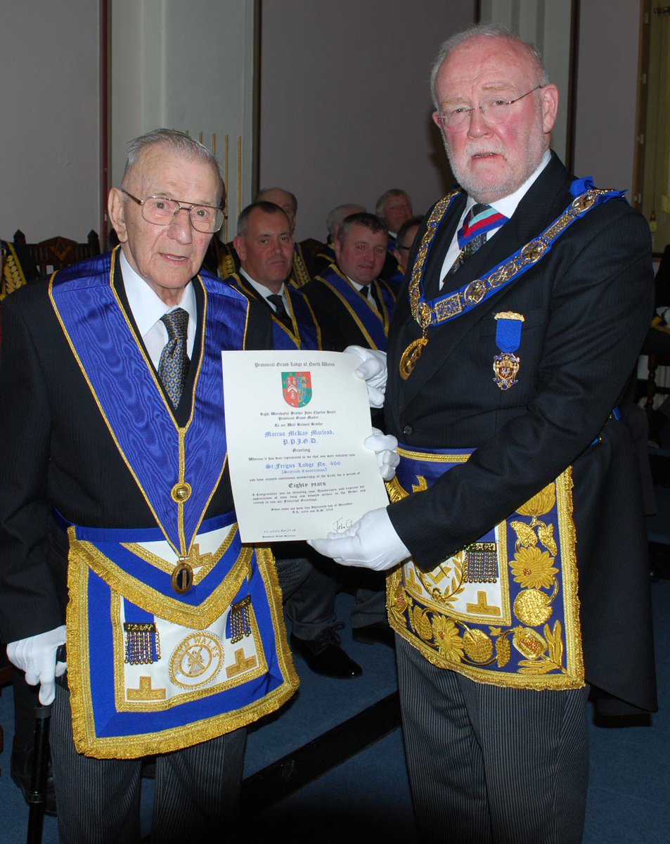 NWFreemasons's tweet photo. The R. W. Provincial Grand Master and his Provincial Team made a visit to Colwyn Lodge No. 7675, on 27th February 2019, in order to present W. Bro. Marcus McKay Mcleod, PPJGD with a 80th Long Service Certificate. https://t.co/eJNc2RR4q1