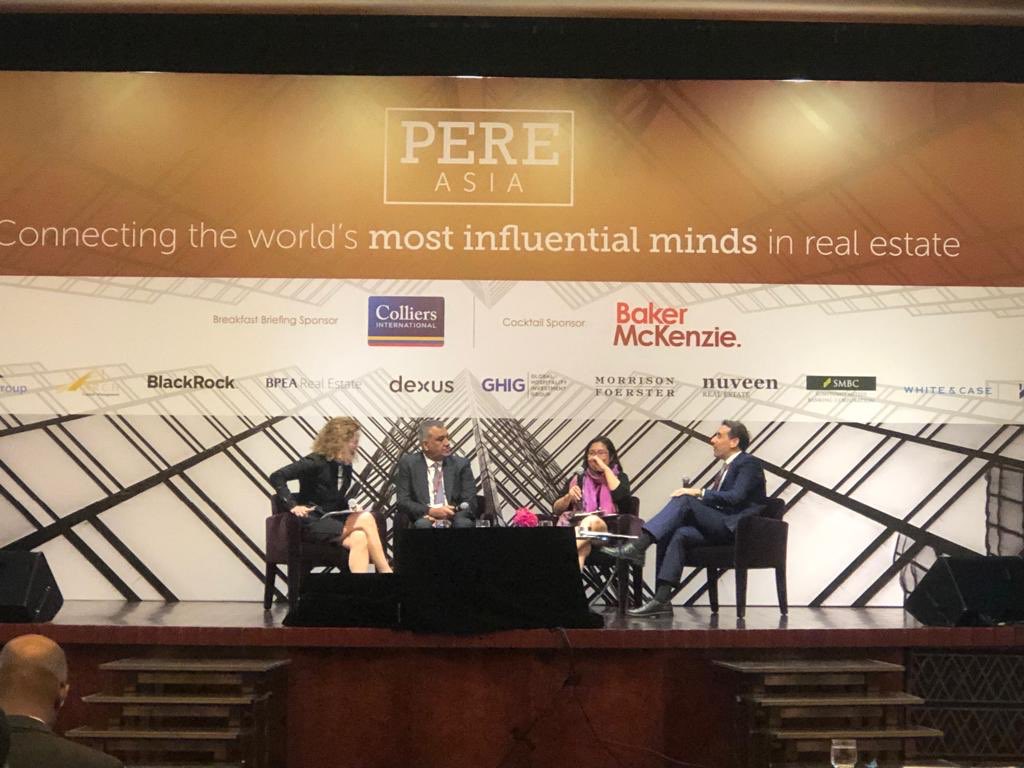 PEREonline's tweet photo. A great ESG panel to end day 1, discussing how to “walk the talk”. Alison Cooke, Star International, moderates Xinying Tok, Asia Research and Engagement, John Pattar, @KKR_Co, and @chrispyke, US Green Building Council. #PEREAsia #PEREWeek https://t.co/EHB52phksc