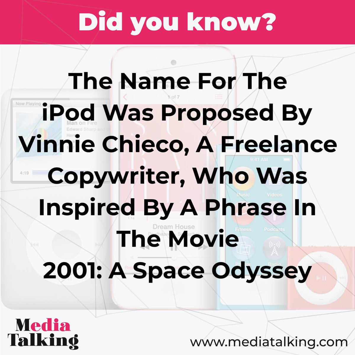MediaTalkingIN's tweet photo. The name for the iPod was proposed by Vinnie Chieco, a freelance copywriter, who was inspired by a phrase in the movie 2001: A Space Odyssey
@ipod #freelancer #copywriter #inspired #space #ipod #copywriter #didyouknow #facts #user #experience #ux #search #mediatalking #talking https://t.co/6yo1bibPiS