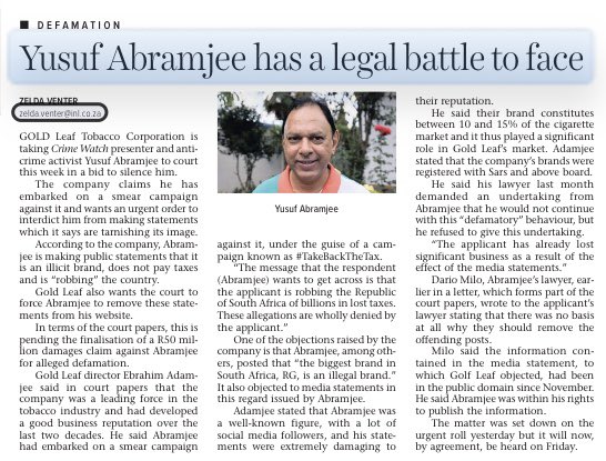 Abramjee's tweet photo. We will be in the North Gauteng High Court (Pretoria) at 10am on Friday. @webberwentzel @Dariomilo are my attorneys. Golf Leaf Tobacco Corporation (GLTC) is trying to silence me. @Lesufi @ThuliMadonsela3 @SAEditorsForum @TakeBackTheTax @TheStar_news @pretorianews https://t.co/iwtQoz4QSI