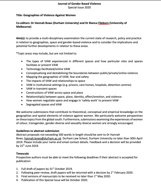 CALL FOR ABSTRACTS FOR SPECIAL ISSUE IN <a href="/JGBVjournal/">Journal of GBV</a>: Geographies of Violence Against women

@snappyalligator &amp; I are pleased to announce this call for abstracts for a SI to be published in Oct 2020. Please see attached for further info. Pls RT/share! #vaw <a href="/CRiVADurham/">CRiVA</a>