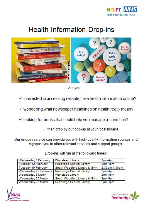 nelft_library's tweet photo. Do you struggle to find reliable information on health related topics? Come to meet our @nelft_library staff at #HealthInformation Drop-in today, 6th March at 2-4pm @RedbridgeLibs #WansteadLibrary. 

https://t.co/gA45mnK4xy @wavidi @E11Park @Wansteadium #Wanstead https://t.co/i4XSJZXArJ