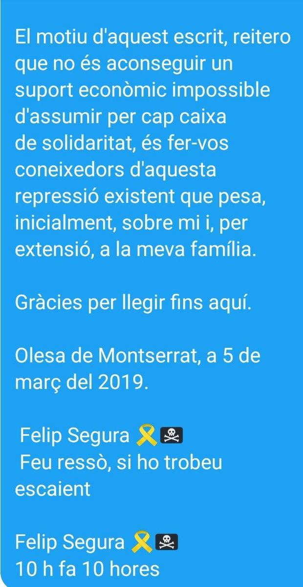 📃 Aquí teniu un resum per al qual a Felip Segura <a href="/FelipSegura/">Felip Segura 🏴</a> per un tuit  li imputen 4 delictes i li demanen 4 anys de presó. I una fiança de 145.000€. Aquest és l'escandalós cas  <a href="/FelipSegura/">Felip Segura 🏴</a> 
Si us sembla bé RT perquè se sàpiga.📢
Moltes gràcies!
#JoAcuso
#JudiciTV3CatRàdio