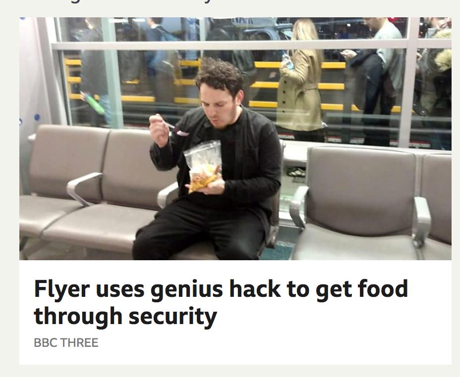 jobyjam's tweet image. Gotta call this one out. Completely fake news headline on front of BBC website. He was already through security when he put his food in a bag.  @BBCBreaking @BBCNews @BBCWorld @BBCWatchdog @BBC #fakenews #wtfbbc #fakeheadline