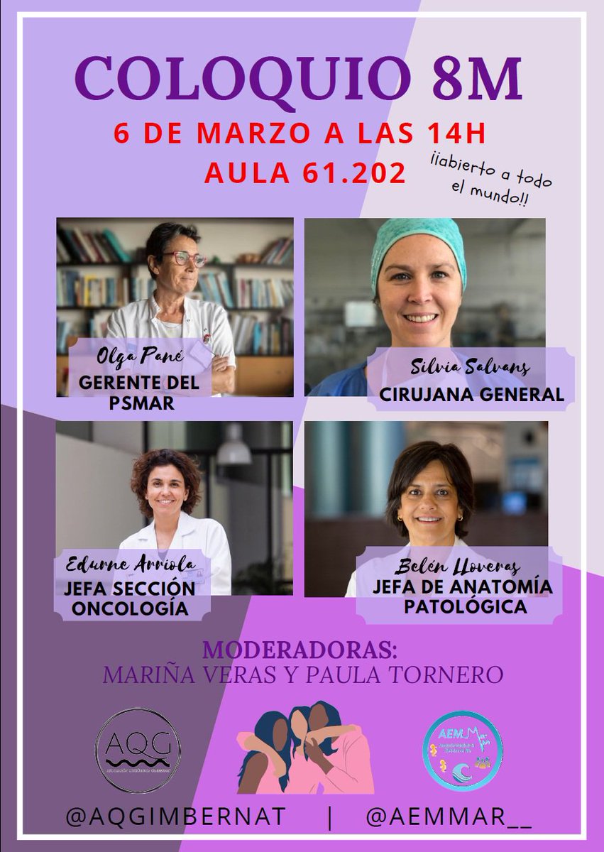hospitaldelmar's tweet photo. Avui engeguem el #8demarç amb el col·loqui de l'@AQGimbernat i l'Associació d'Estudiants de Medicina del Mar, amb les doctores Olga Pané @SilviaSalvans Edurne Arriola i @BelenLloveras #DiaInternacionaldelaDona #SomAquí #Som8deMarç @UPFBarcelona @UABBarcelona@BelenLloveras https://t.co/IZj6OnU3Jr