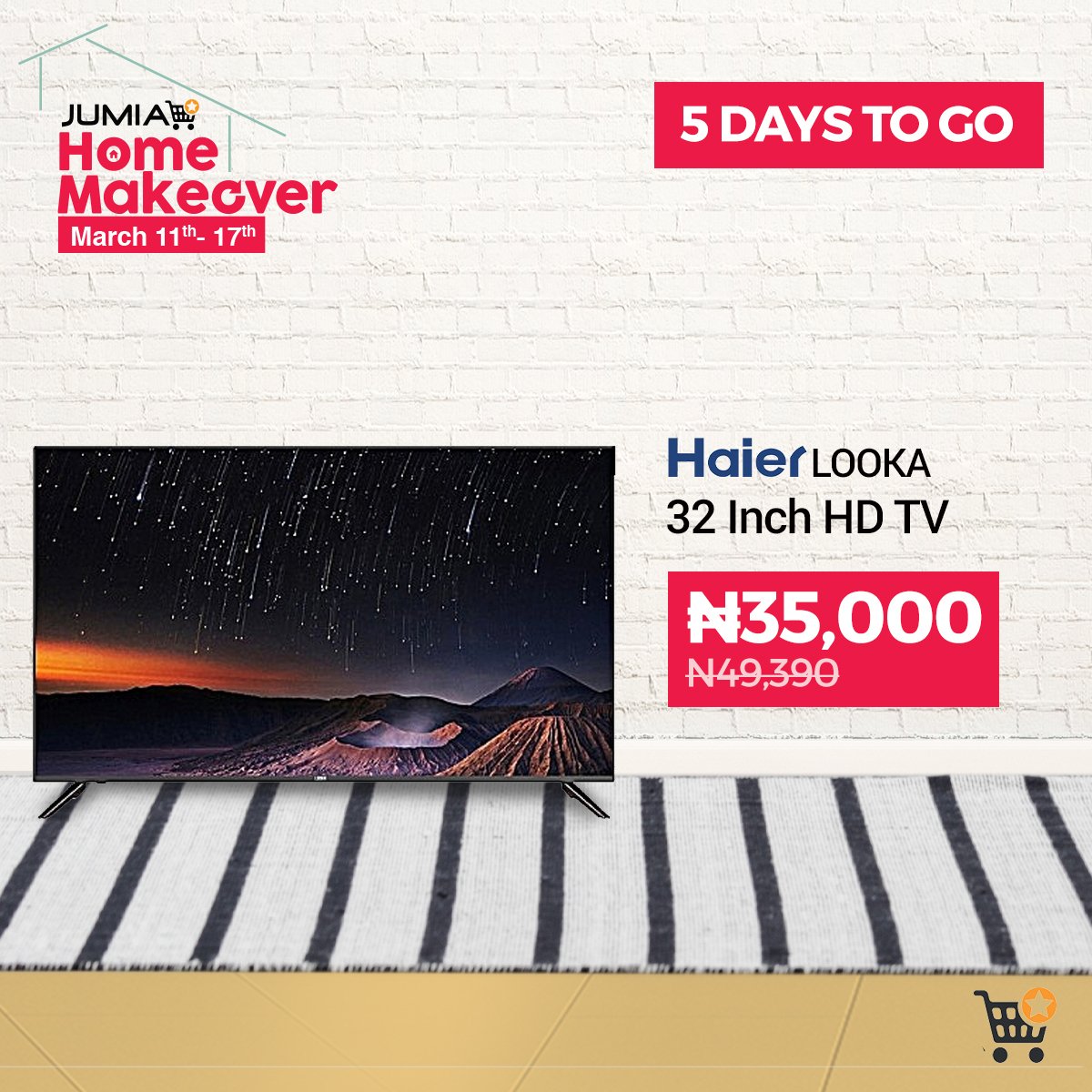 JumiaNigeria's tweet photo. 5 Days to Jumia's Home Makeover 🕘.
Get ready for the best deals to give your home the upgrade you deserve. Buy the Haier Looka 32" Inch HD TV for ₦35,000😁.
https://t.co/ZcK7sqpcP7
#StepUpUrHome https://t.co/VO4TwCuJYB