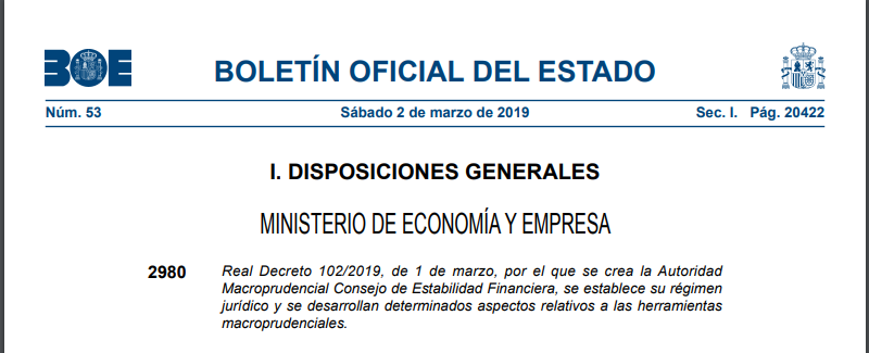 ReforCGE's tweet photo. 🔍Creada la #AMCESFI, Autoridad #Macroprudencial Consejo de Estabilidad Financiera. BOE 2 marzo 2019. Resumen: https://t.co/YWsF1UNb1y Más información: https://t.co/I0GIlEemwv Acceso a RD regulación: https://t.co/oWlMwnak69 https://t.co/g1OTOhtgvd