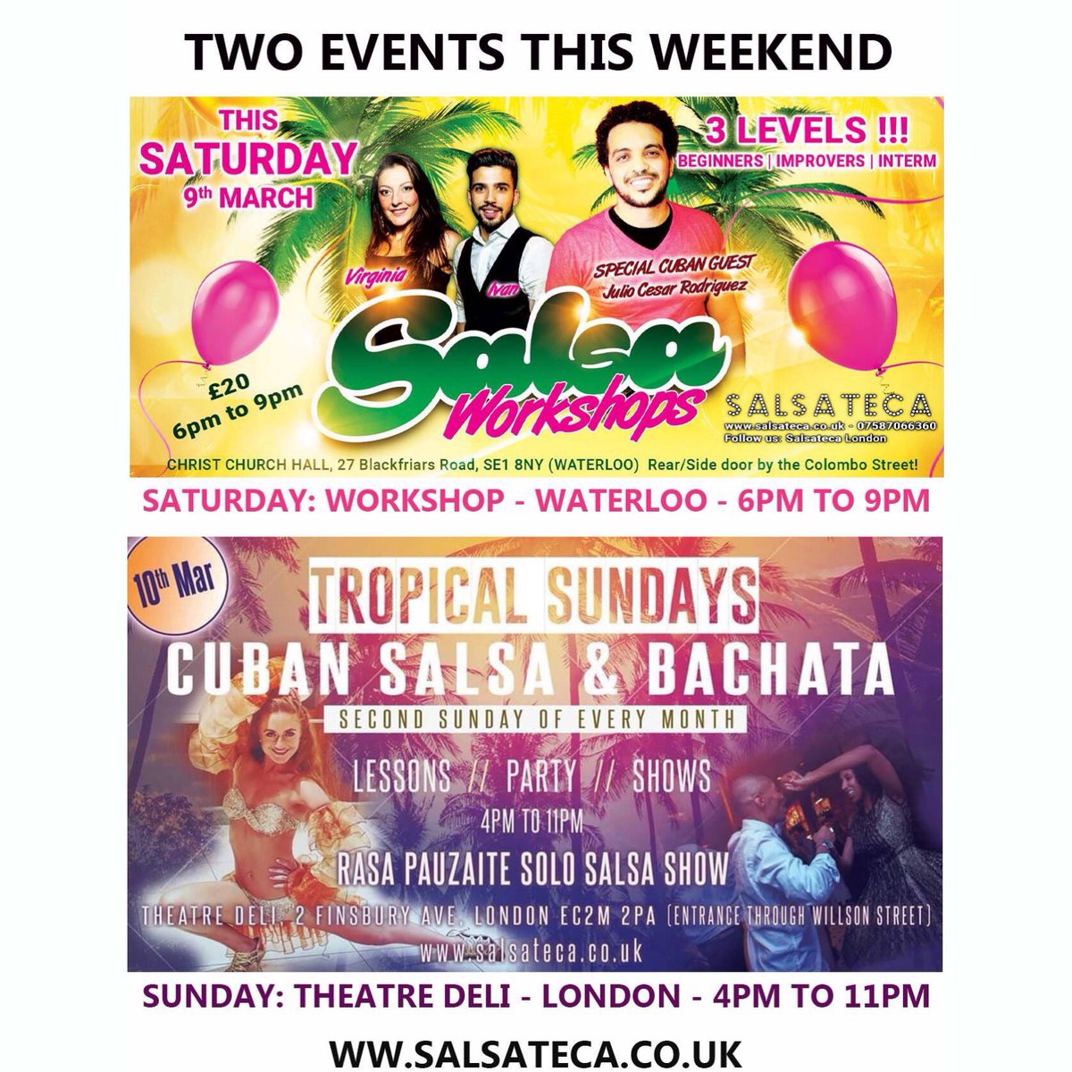 WE HAVE TWO GREAT EVENTS ON SATURDAY AND SUNDAY..!!
🤩 SATURDAY: INTENSIVE CUBAN SALSA WORKSHOP IN WATERLOO FROM 6PM TO 9PM
🥳 SUNDAY: CUBAN SALSA WORKSHOP/LESSONS &amp; BACHATA FROM 4PM TO 11PM
😀 MORE INFO: salsateca.co.uk
#salsa #bachata #workshop #cuban #weekend #london